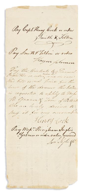(AMERICAN REVOLUTION.) MORRIS, ROBERT; AND HAYM SALOMON. Partly-printed Document Signed, a bill of exchange signed by Morris, RobtMor